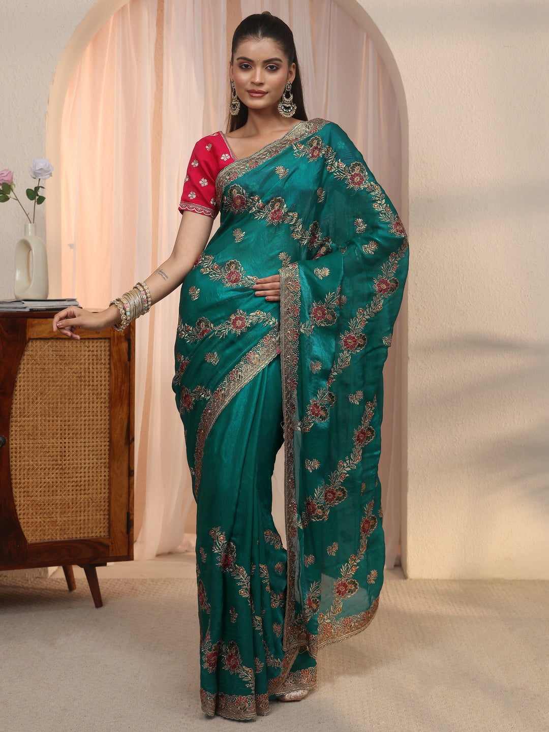 Libas Sea Green Floral Embroidered Tissue Saree