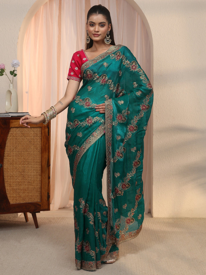 Libas Sea Green Floral Embroidered Tissue Saree