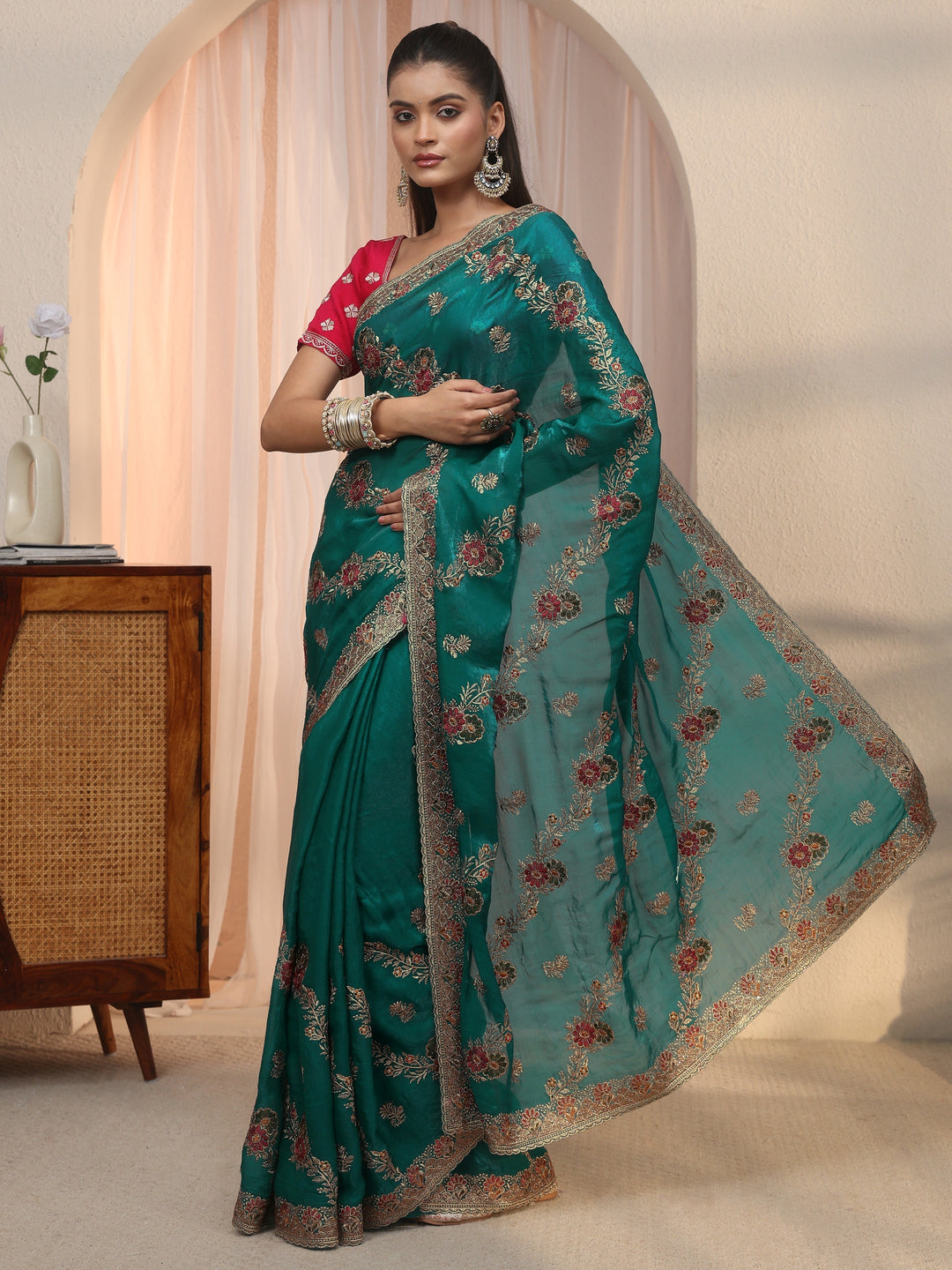 Libas Sea Green Floral Embroidered Tissue Saree
