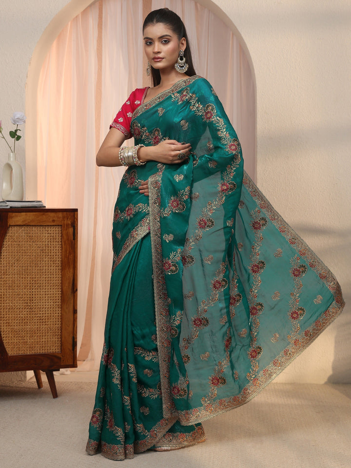 Libas Sea Green Floral Embroidered Tissue Saree