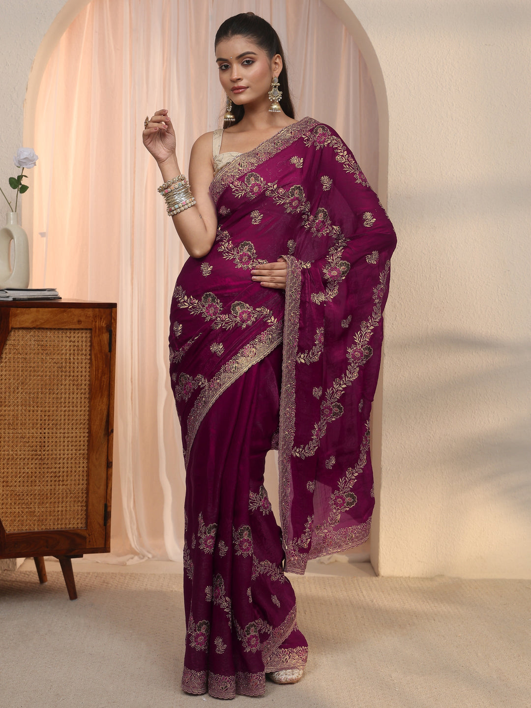Libas Wine Floral Embroidered Tissue Saree
