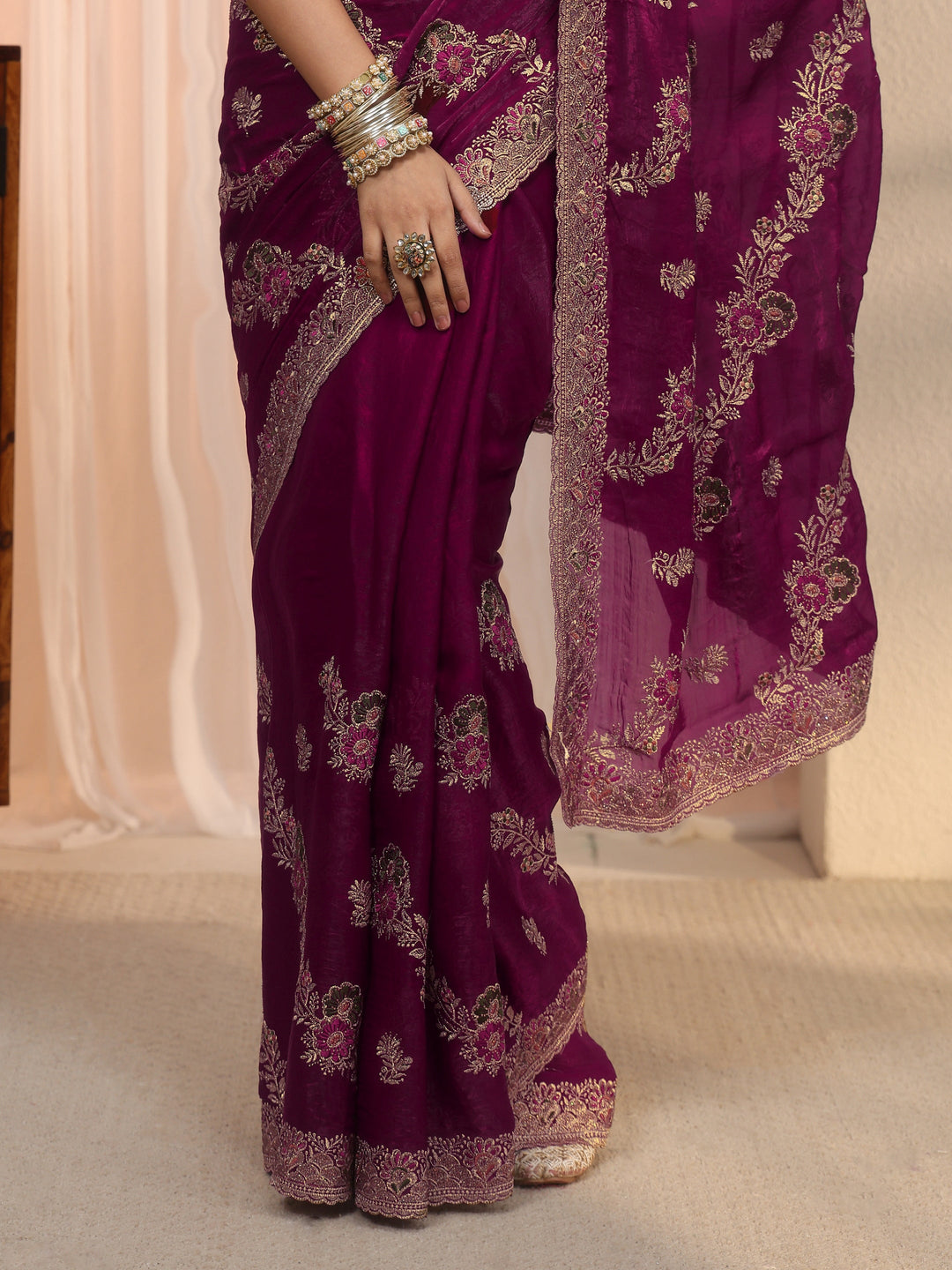 Libas Wine Floral Embroidered Tissue Saree