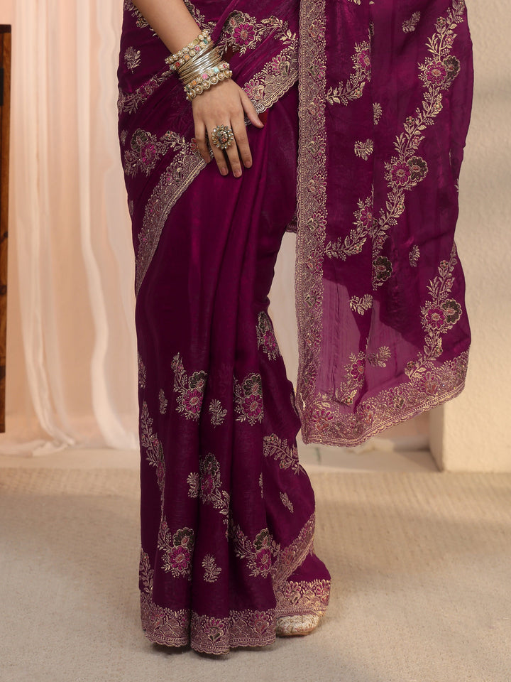 Libas Wine Floral Embroidered Tissue Saree