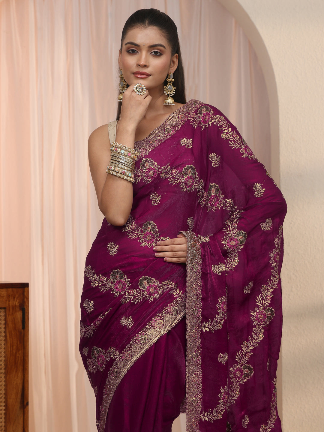 Libas Wine Floral Embroidered Tissue Saree