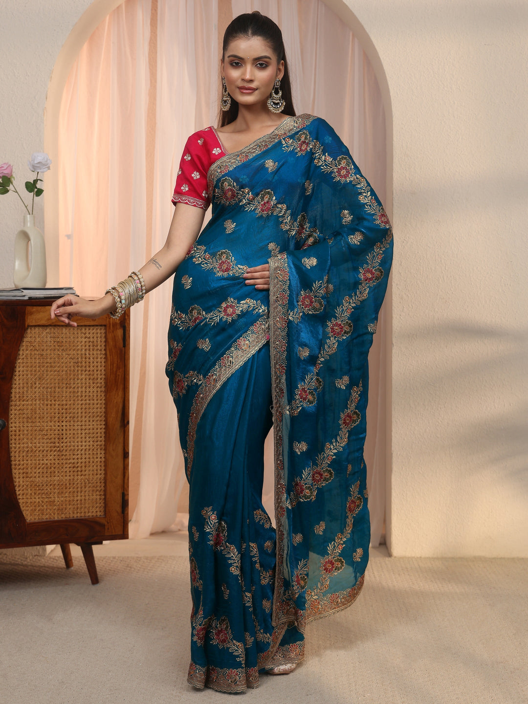 Libas Blue Floral Embroidered Tissue Saree
