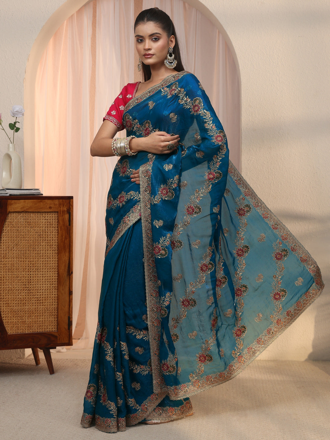 Libas Blue Floral Embroidered Tissue Saree