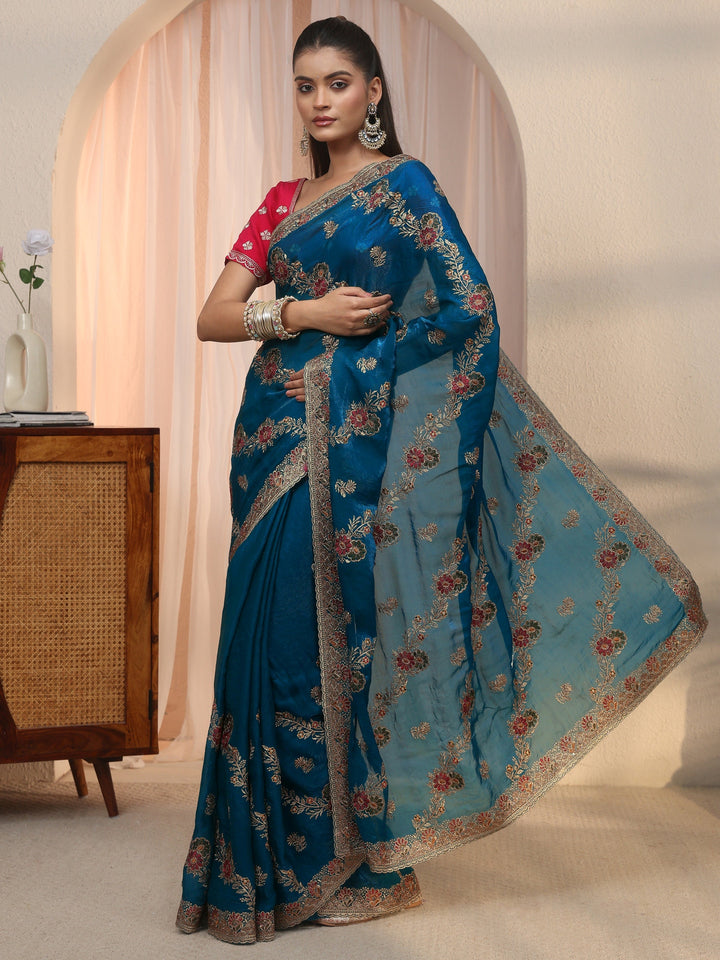 Libas Blue Floral Embroidered Tissue Saree