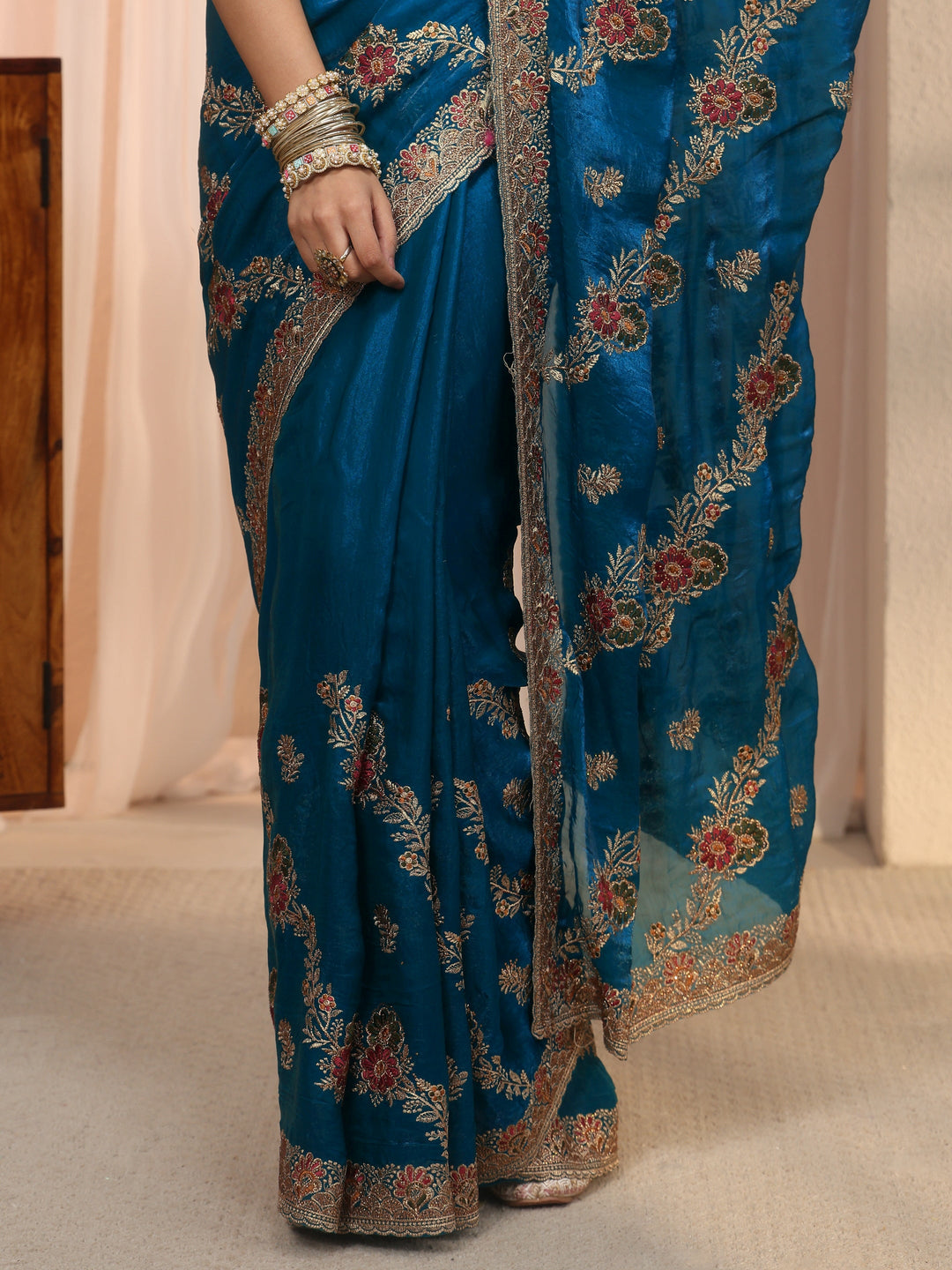 Libas Blue Floral Embroidered Tissue Saree