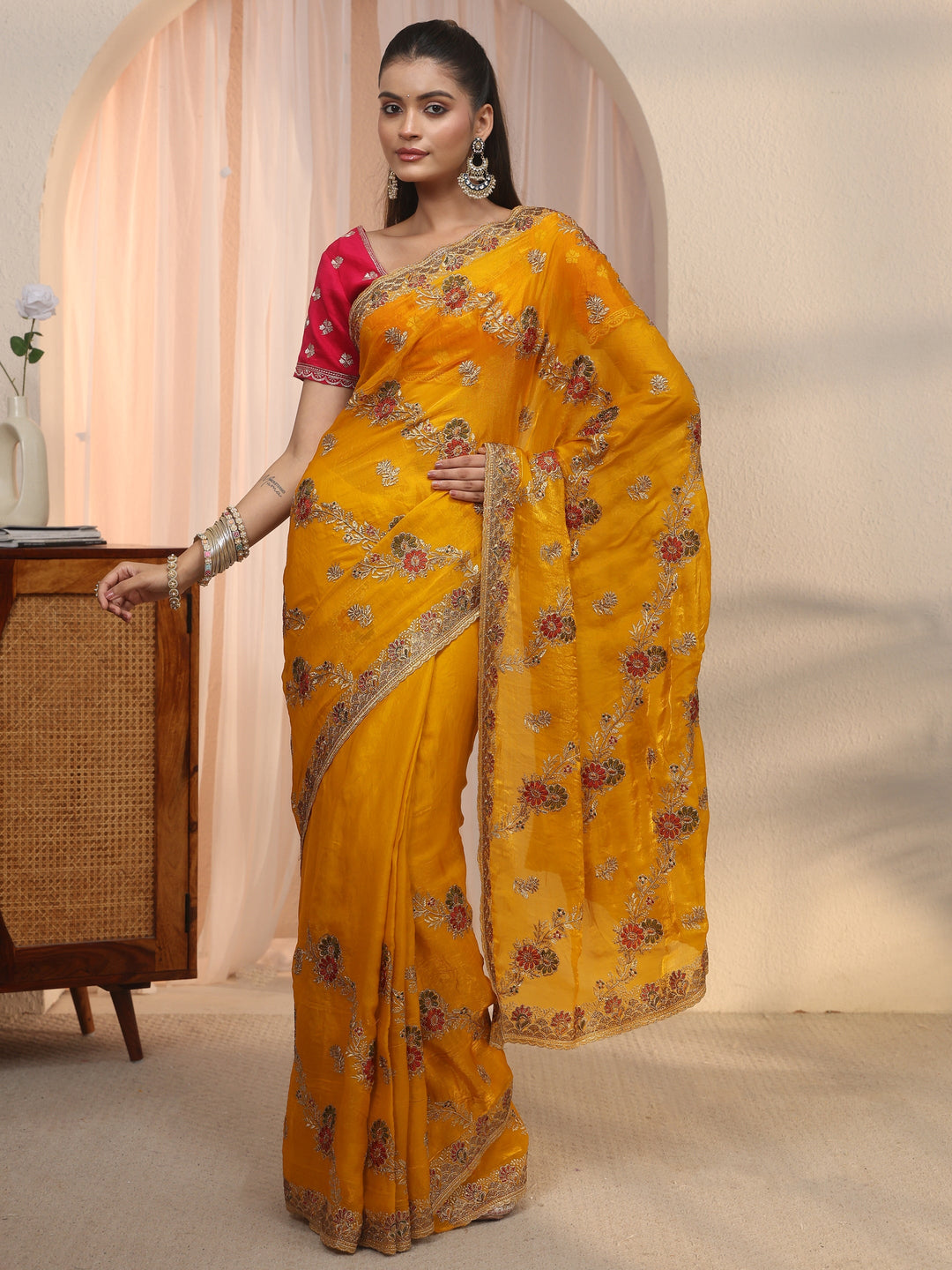 Libas Mustard Floral Embroidered Tissue Saree