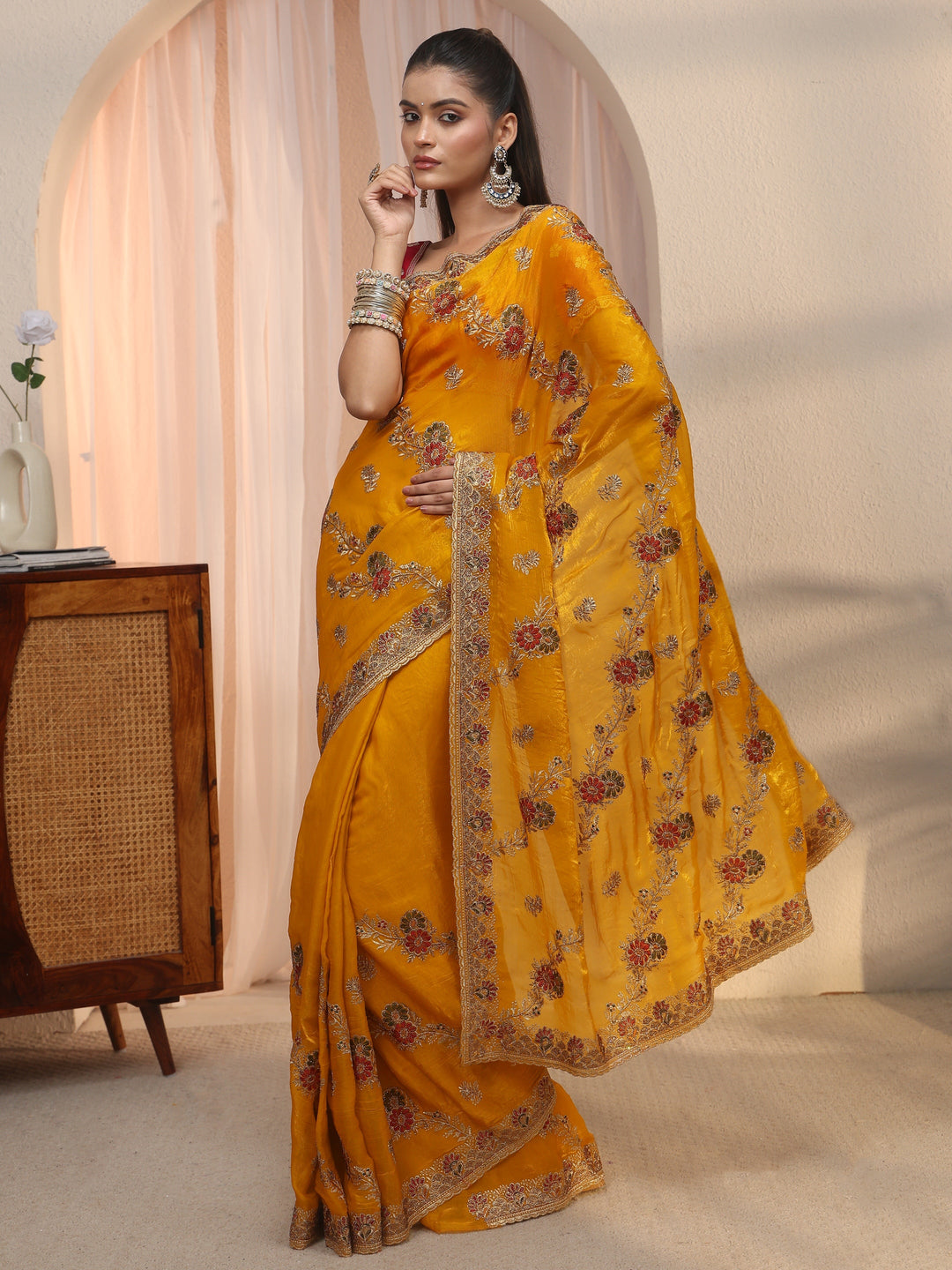 Libas Mustard Floral Embroidered Tissue Saree