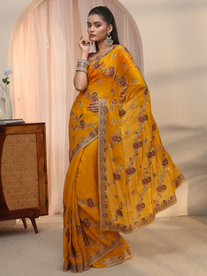 Libas Mustard Floral Embroidered Tissue Saree