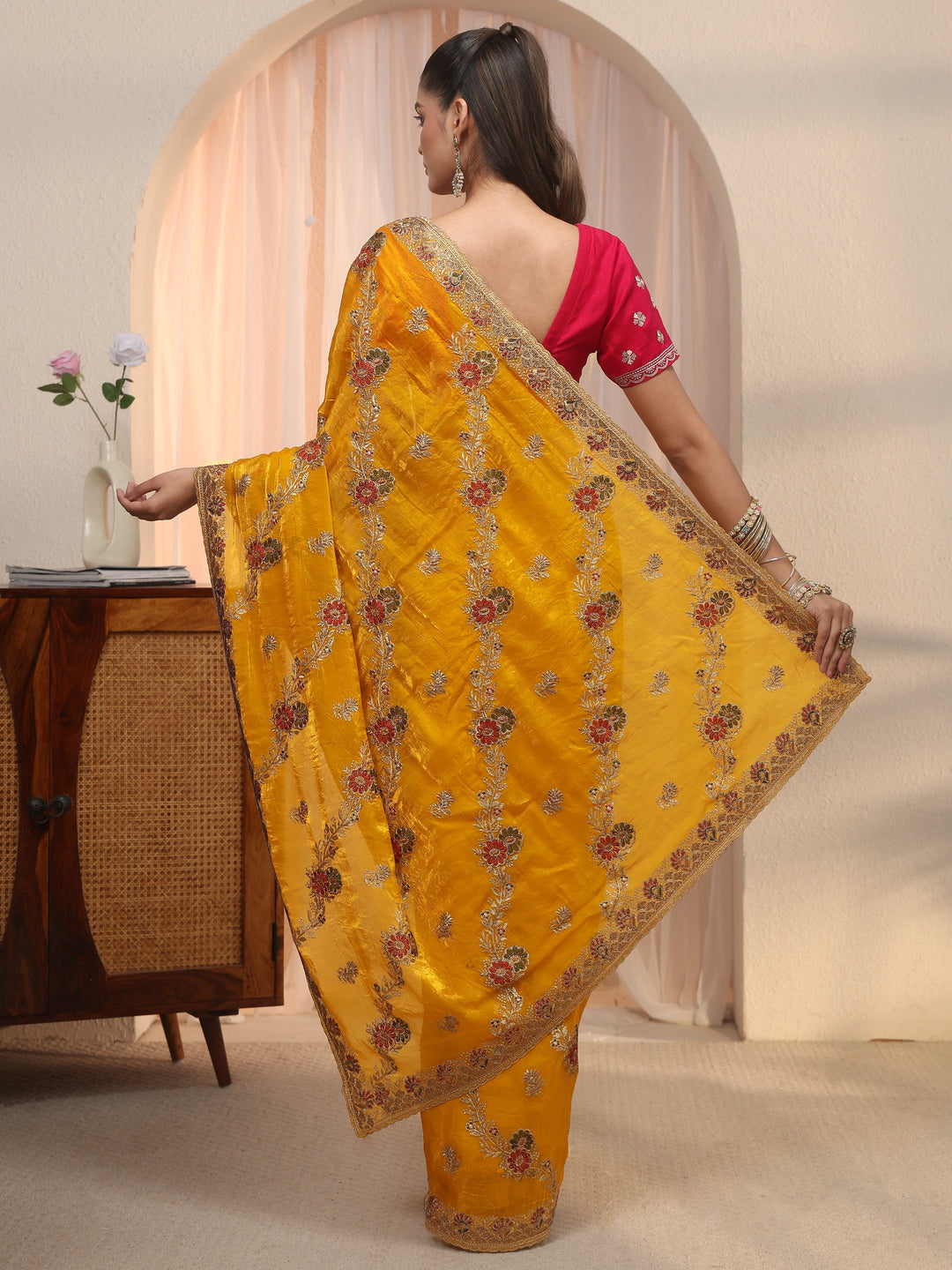 Libas Mustard Floral Embroidered Tissue Saree