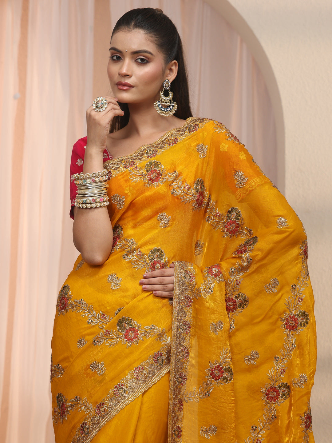 Libas Mustard Floral Embroidered Tissue Saree