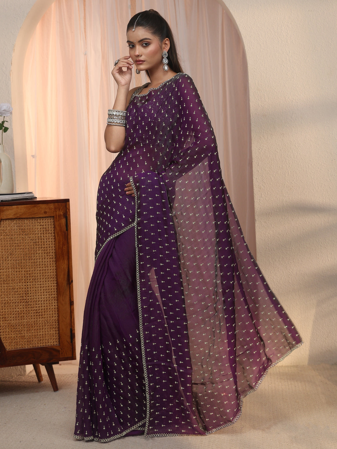Libas Purple Stone Work Embellished Tissue Saree