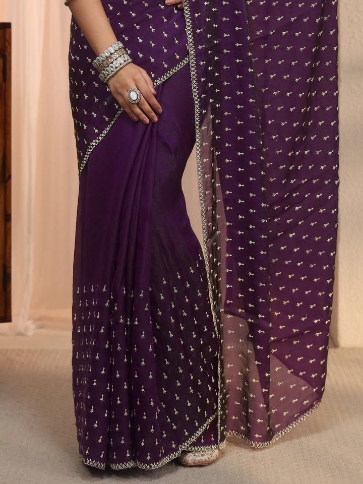 Libas Purple Stone Work Embellished Tissue Saree