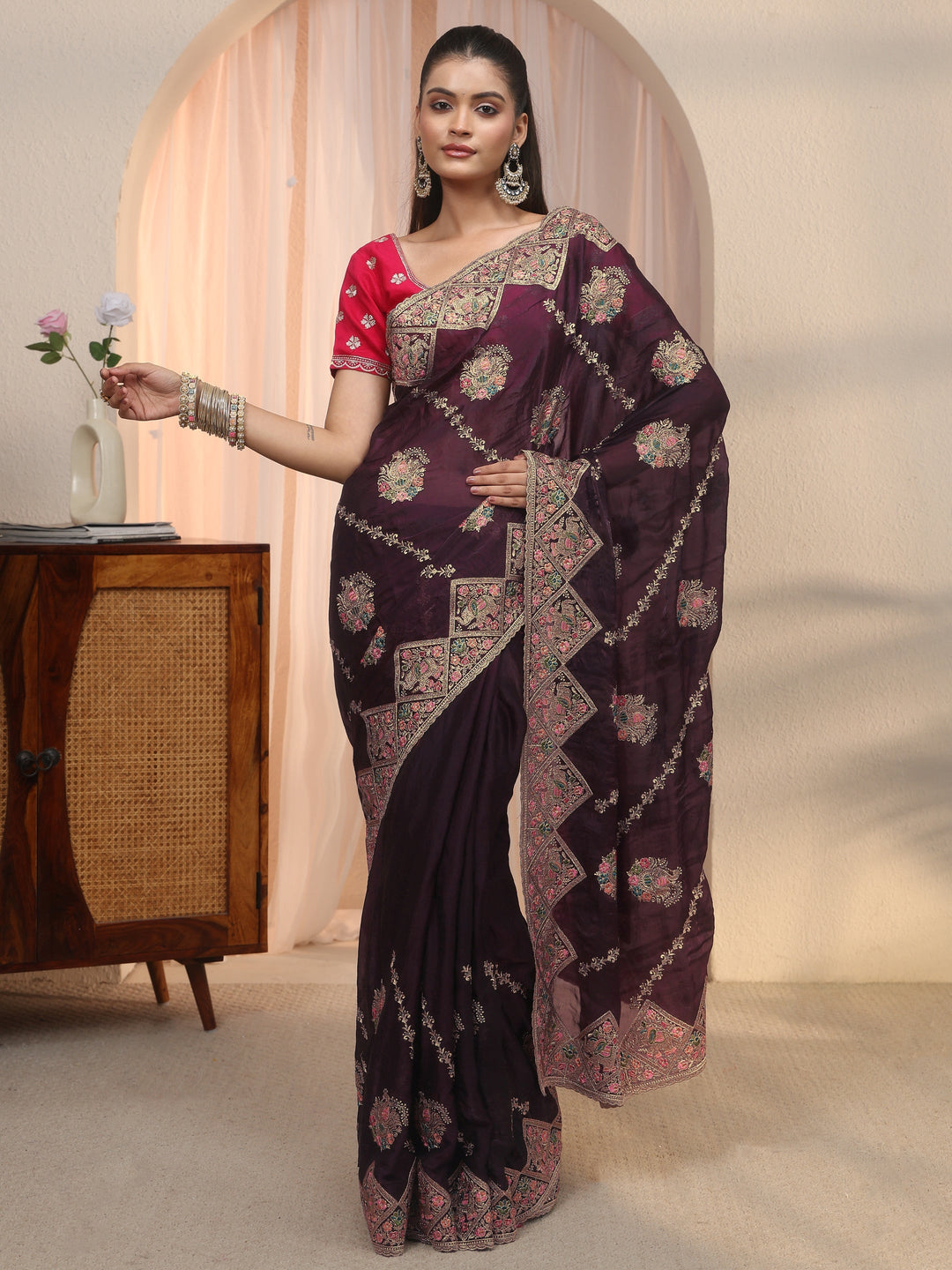 Libas Art Purple Peacock Embroidered Tissue Saree