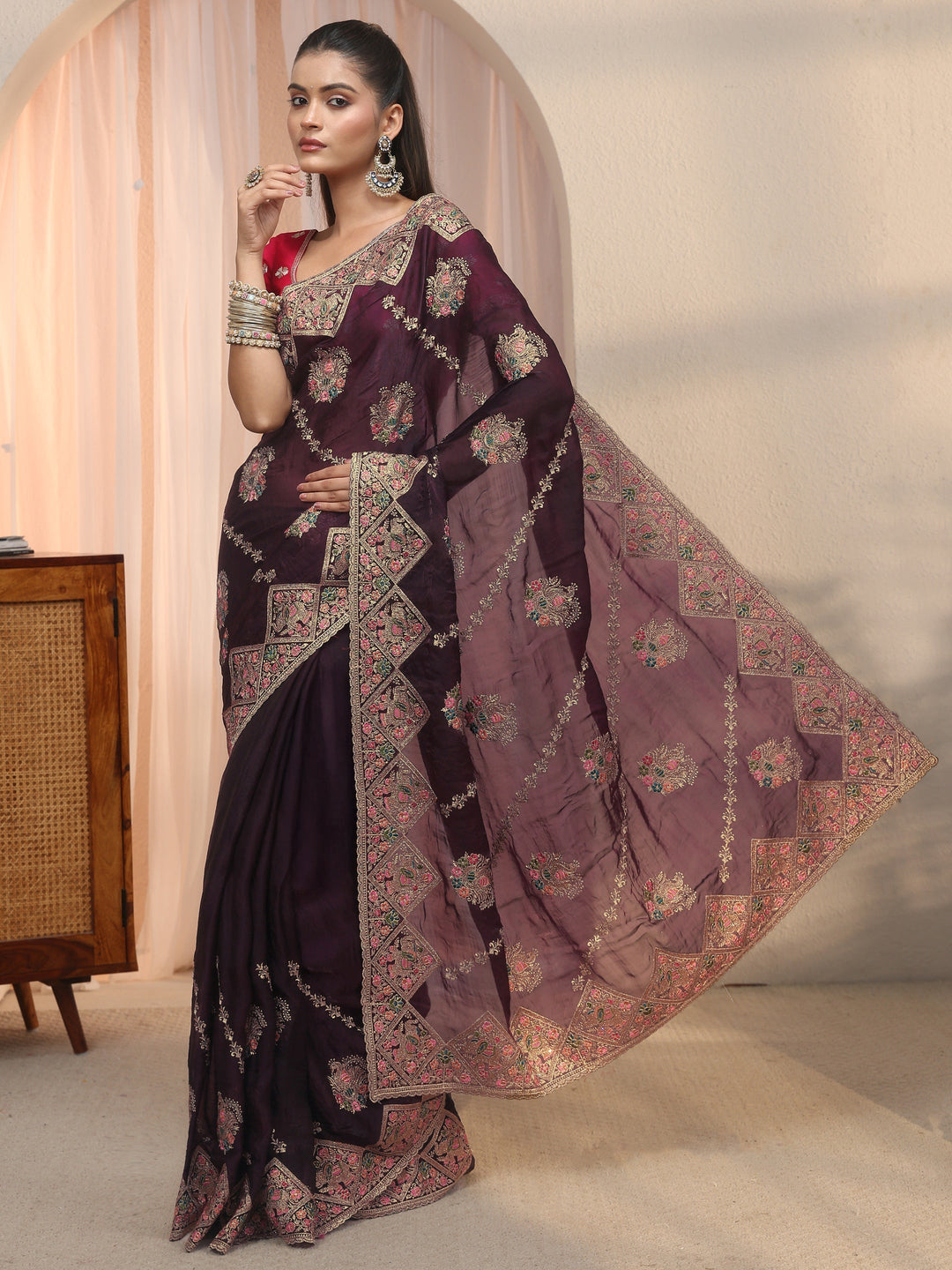 Libas Art Purple Peacock Embroidered Tissue Saree