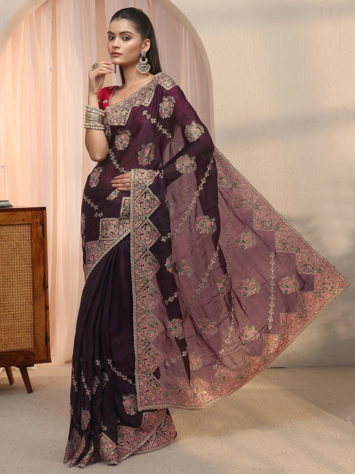 Libas Art Purple Peacock Embroidered Tissue Saree