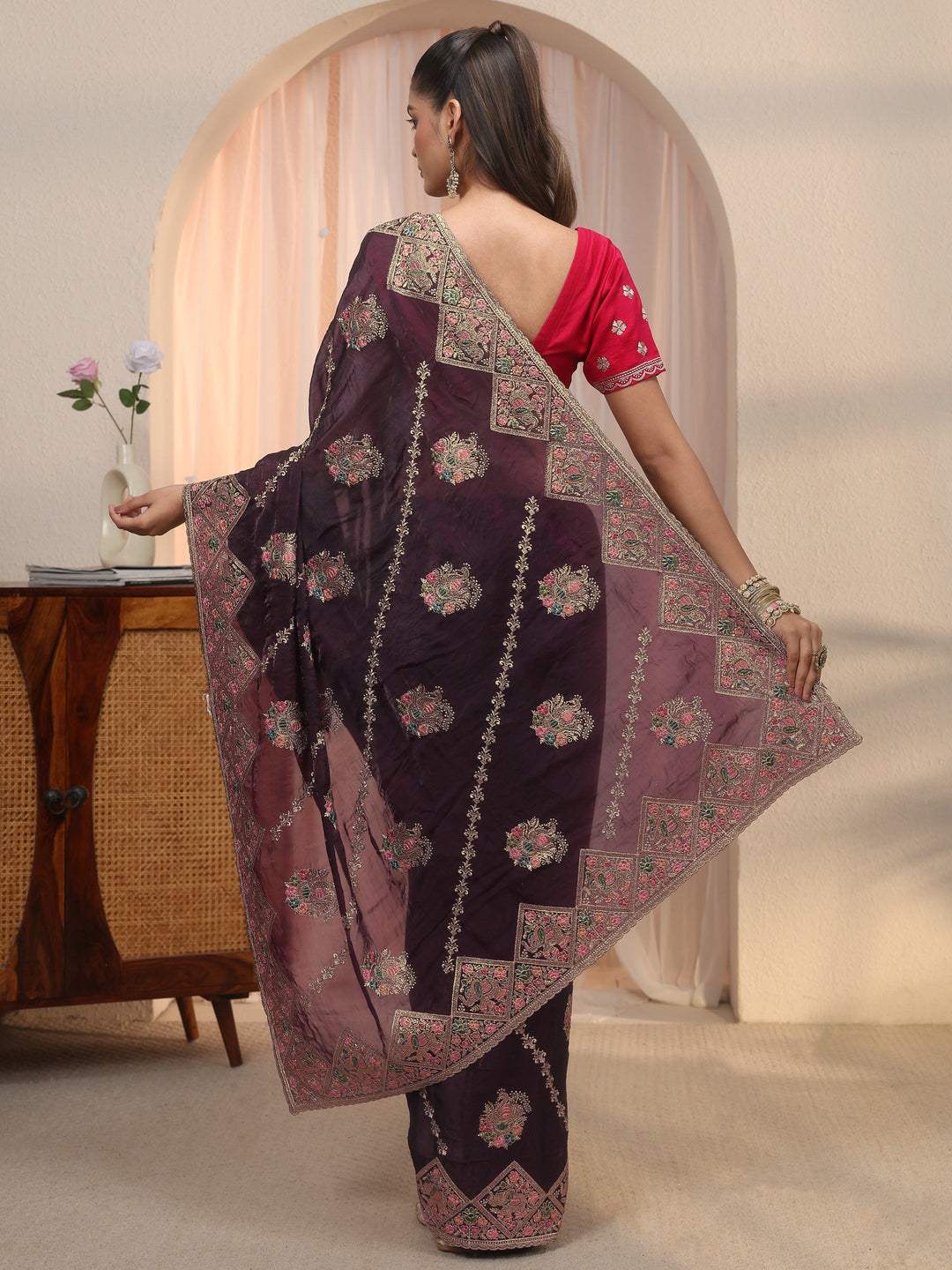Libas Art Purple Peacock Embroidered Tissue Saree
