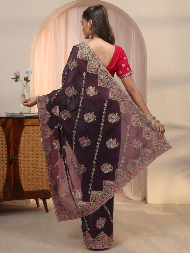 Libas Art Purple Peacock Embroidered Tissue Saree