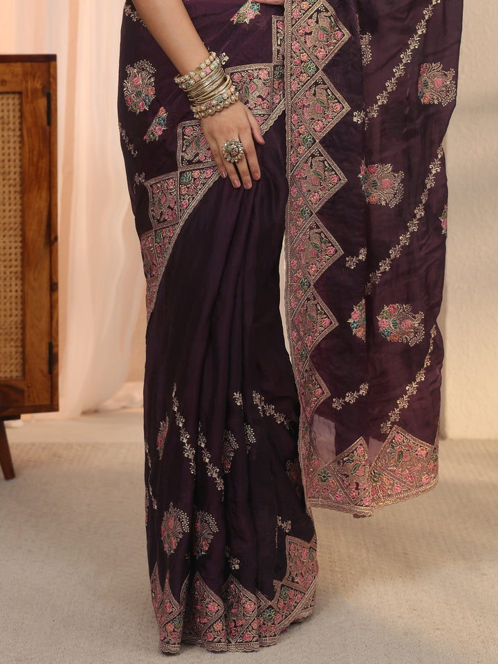 Libas Art Purple Peacock Embroidered Tissue Saree