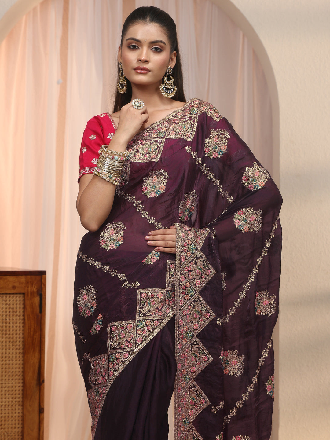 Libas Art Purple Peacock Embroidered Tissue Saree