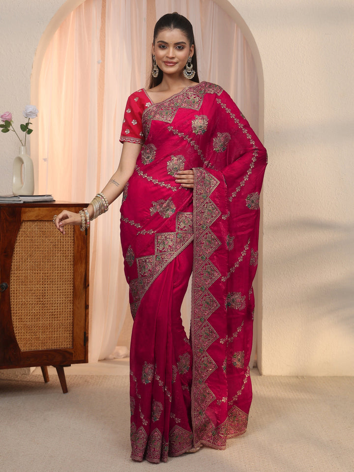 Libas Art Rani Pink Peacock Embroidered Tissue Saree