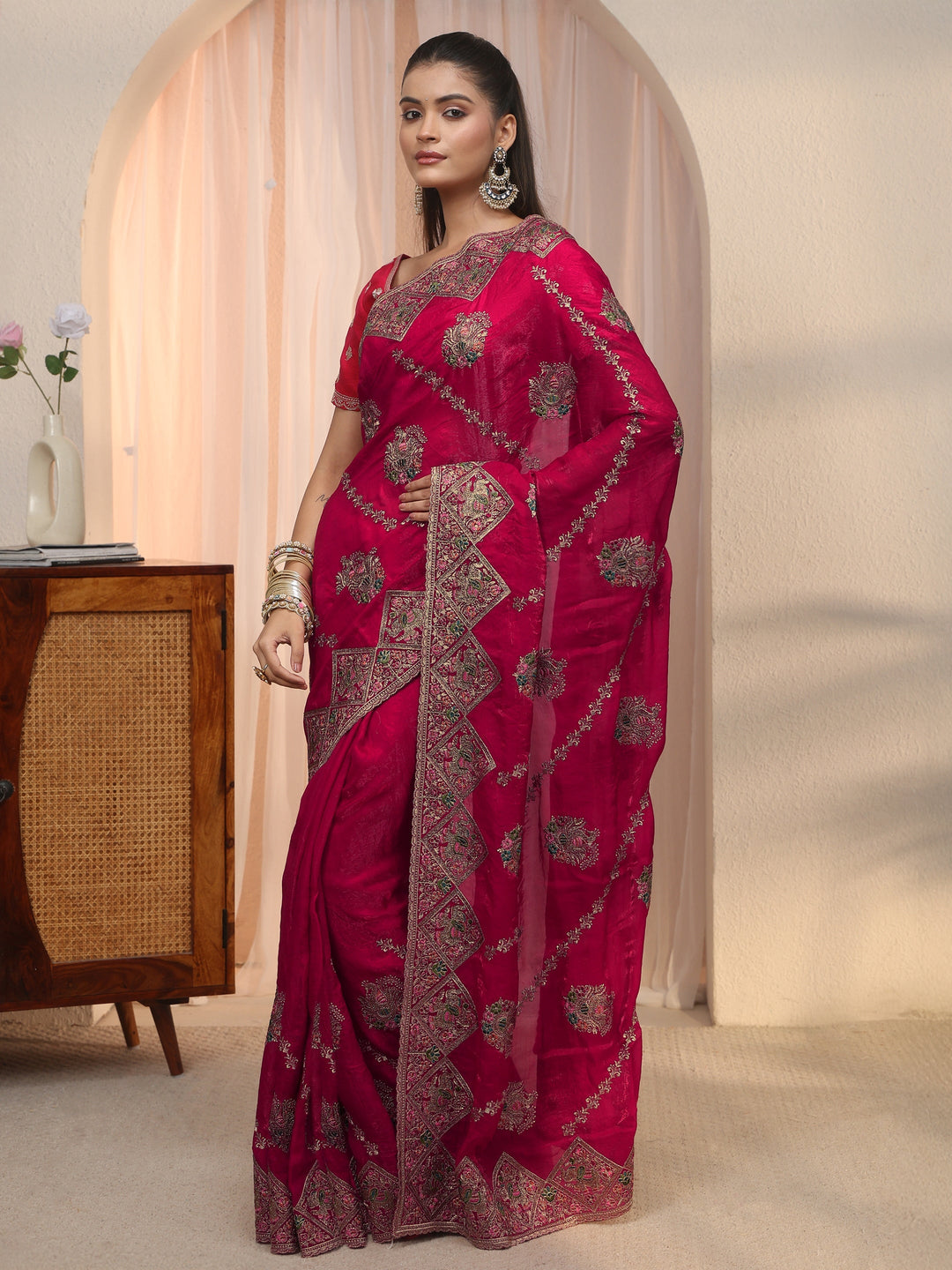 Libas Art Rani Pink Peacock Embroidered Tissue Saree