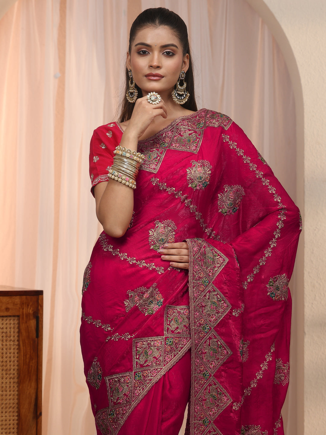 Libas Art Rani Pink Peacock Embroidered Tissue Saree
