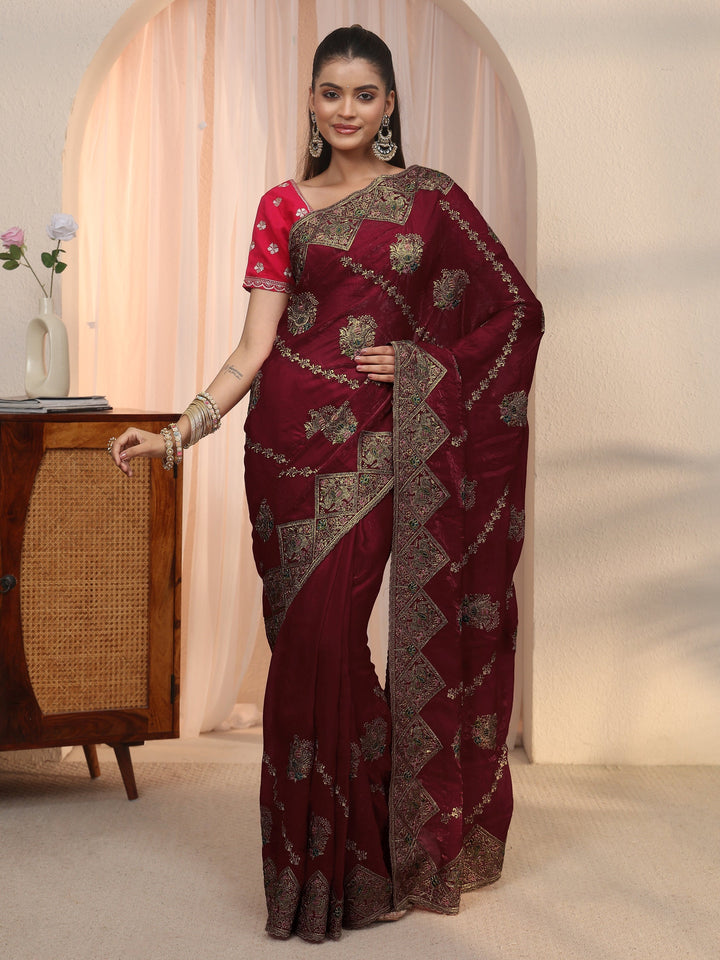 Libas Art Maroon Peacock Embroidered Tissue Saree