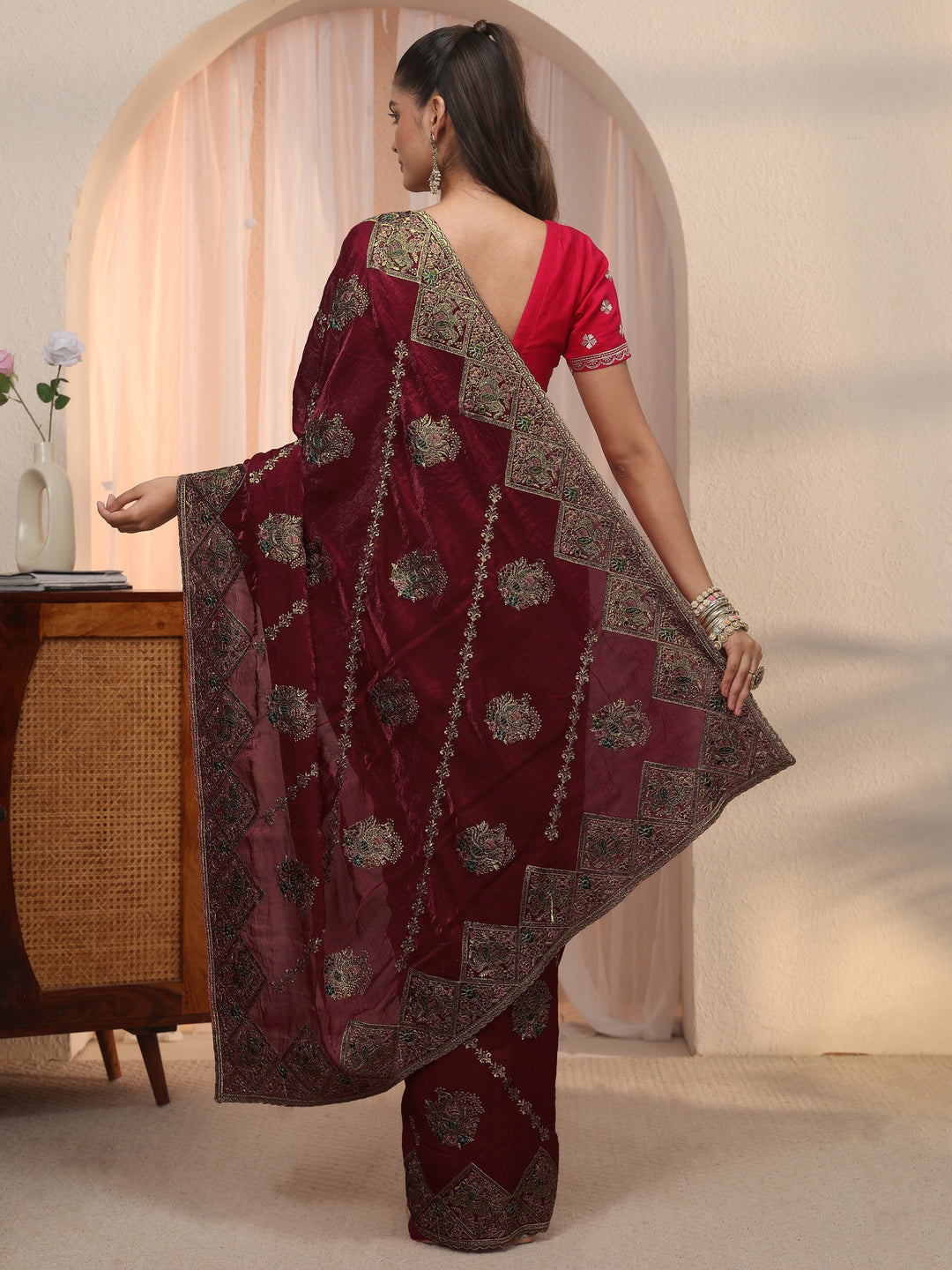 Libas Art Maroon Peacock Embroidered Tissue Saree