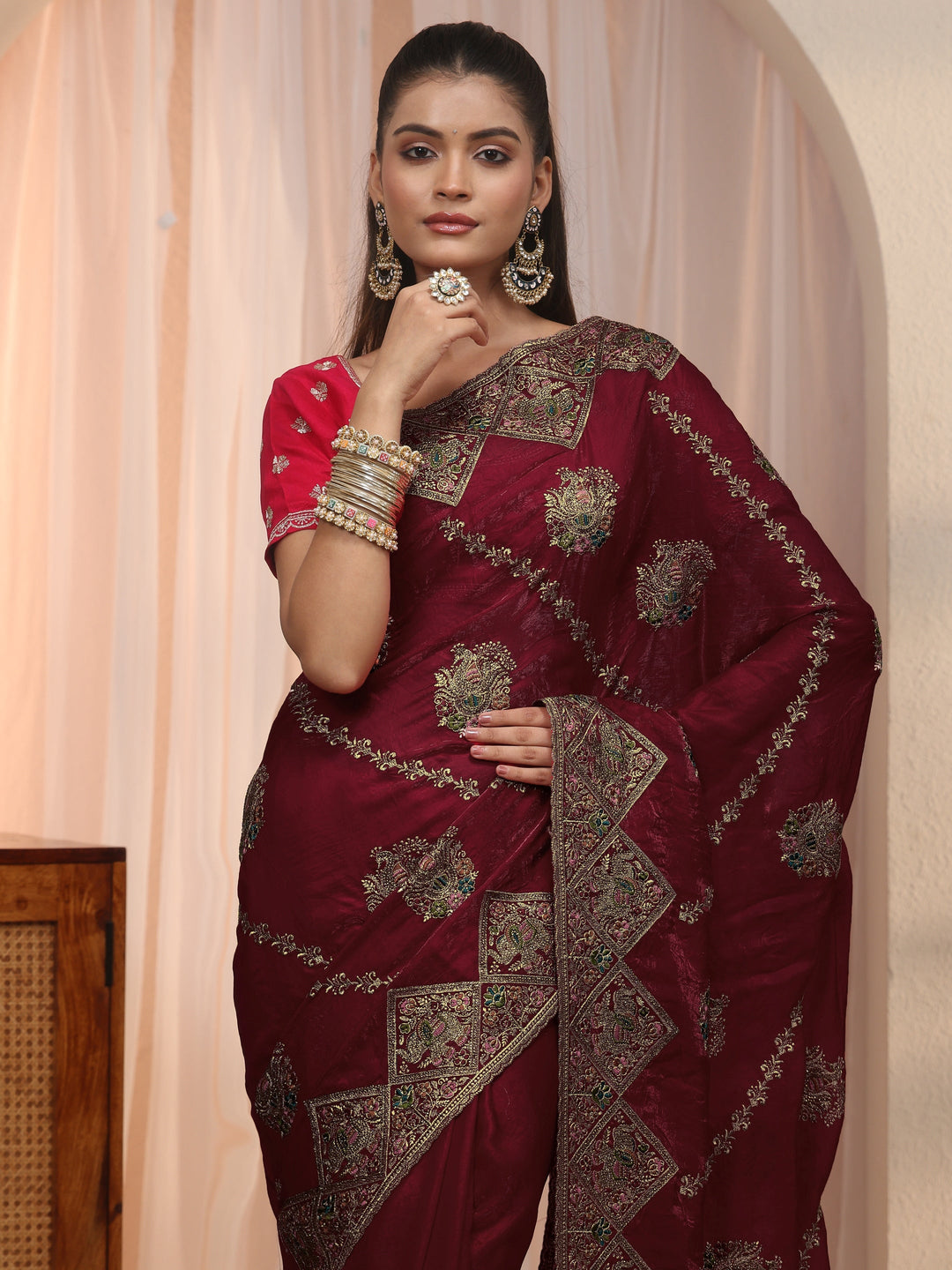 Libas Art Maroon Peacock Embroidered Tissue Saree