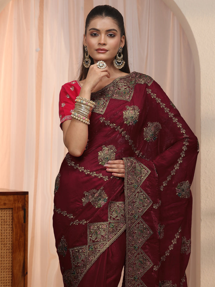 Libas Art Maroon Peacock Embroidered Tissue Saree