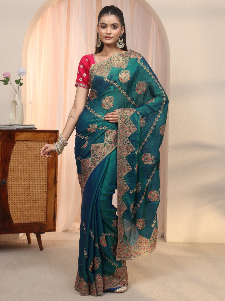 Libas Art Blue Peacock Embroidered Tissue Saree