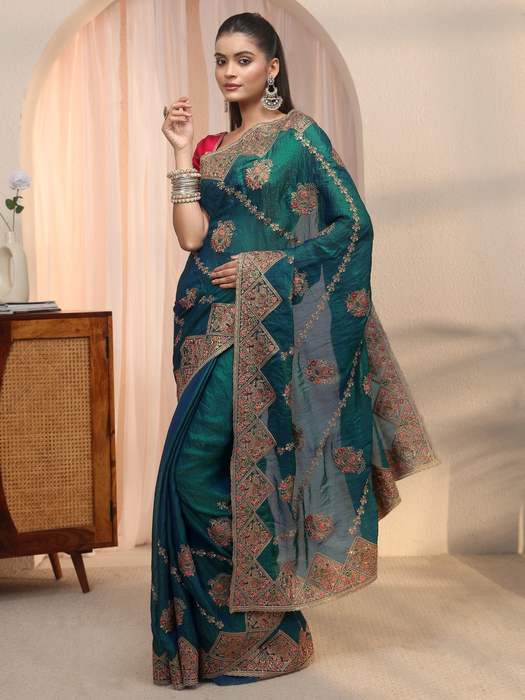 Libas Art Blue Peacock Embroidered Tissue Saree