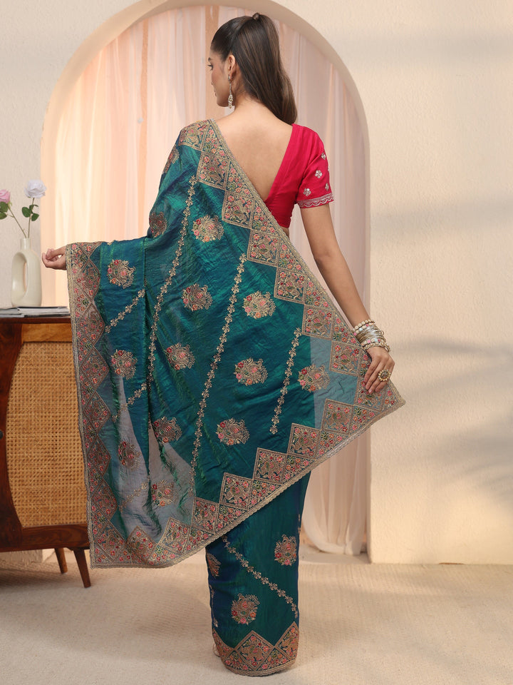 Libas Art Blue Peacock Embroidered Tissue Saree