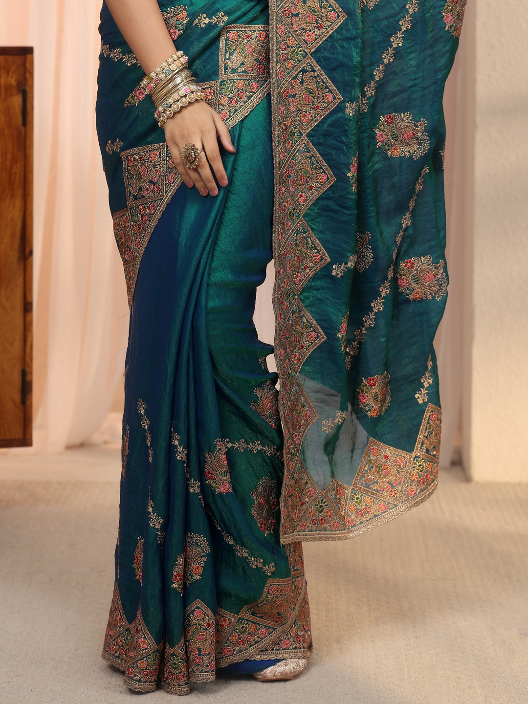Libas Art Blue Peacock Embroidered Tissue Saree