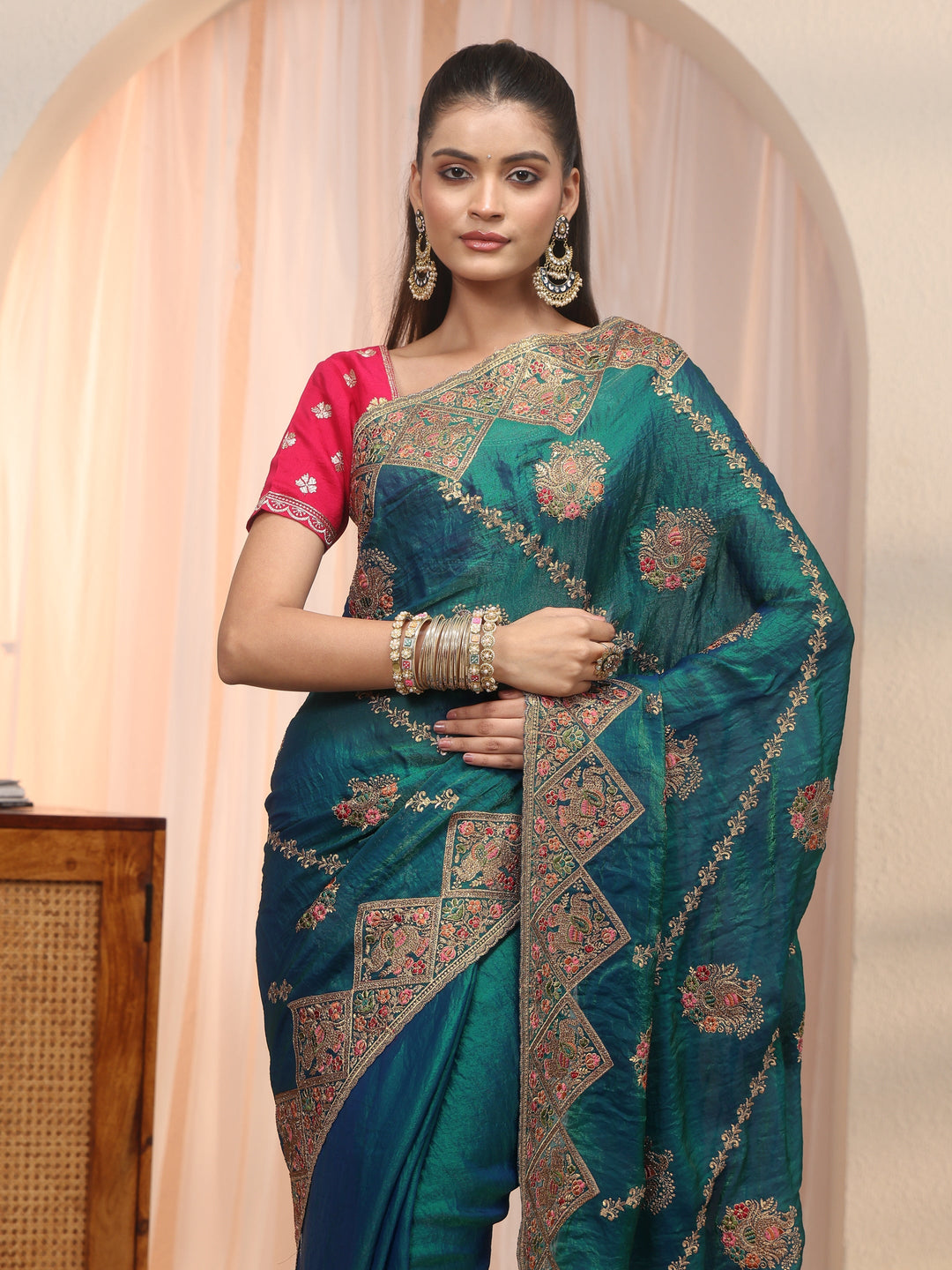 Libas Art Blue Peacock Embroidered Tissue Saree