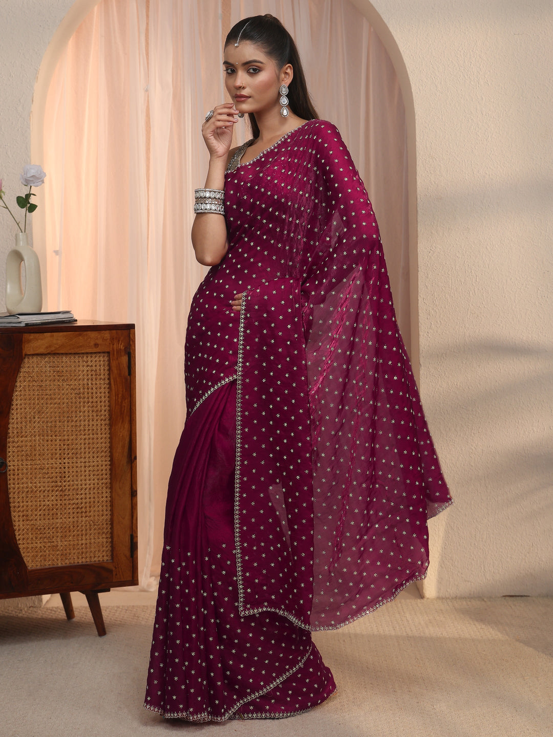 Libas Magenta Pink Stone Work Embellished Tissue Saree