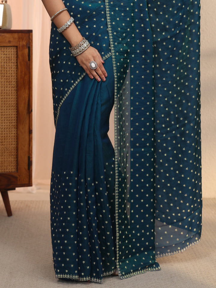 Libas Blue Stone Work Embellished Tissue Saree