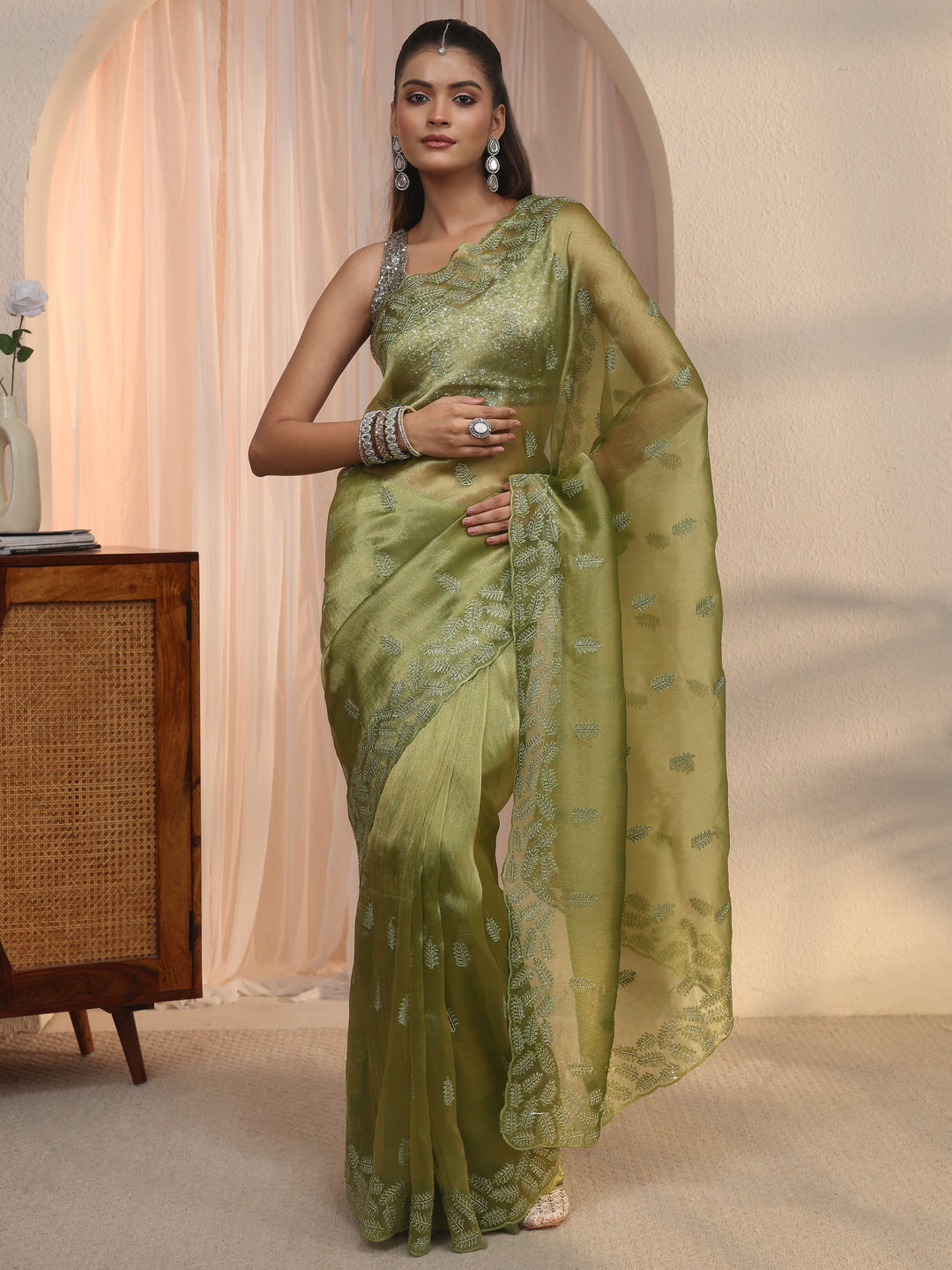 Libas Green Leafy Embroidered Tissue Saree with Stone Work