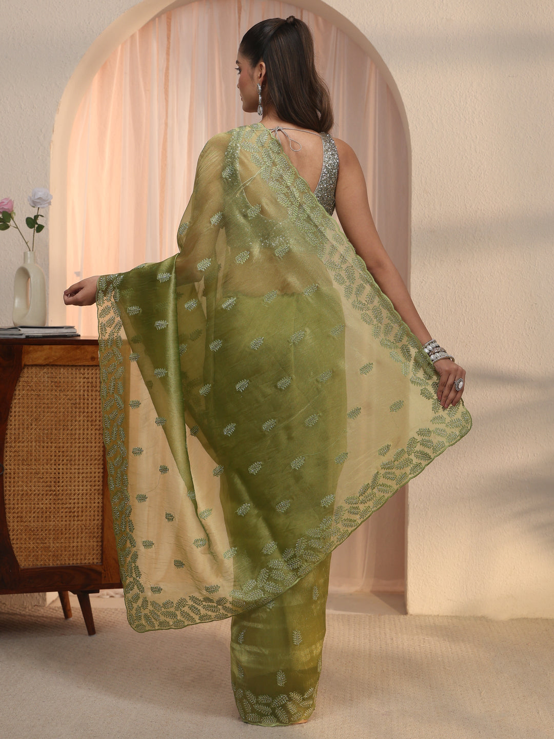 Libas Green Leafy Embroidered Tissue Saree with Stone Work
