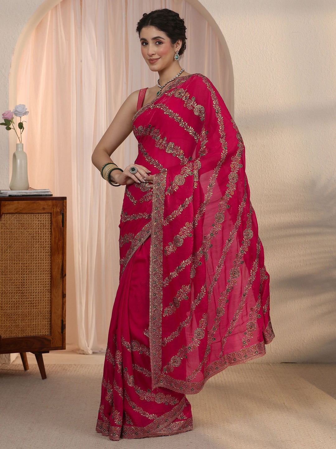 Libas Rani Pink Floral Embroidered Tissue Saree
