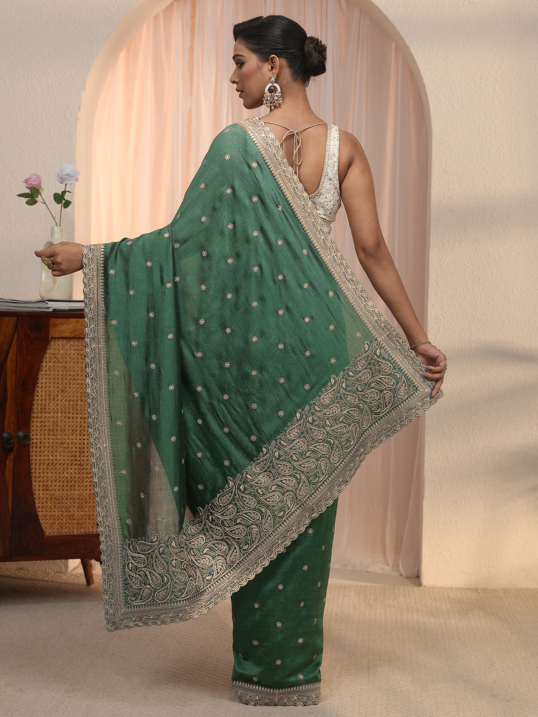 Libas Green Embroidered Silk Blend Saree with Paisley Pallu