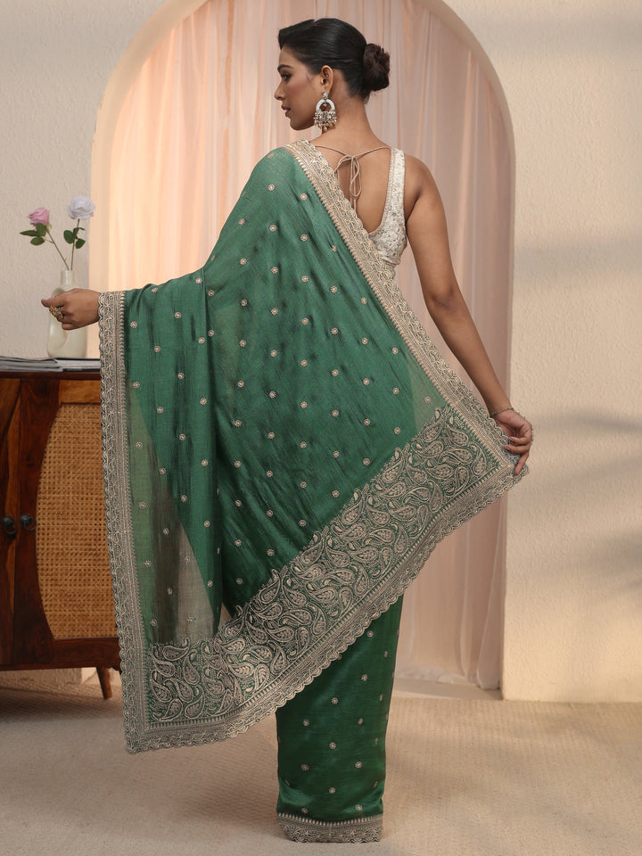 Libas Green Embroidered Silk Blend Saree with Paisley Pallu