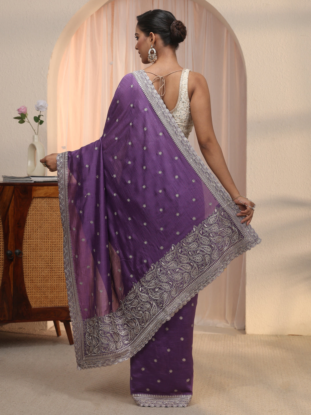 Libas Lavender Embroidered Silk Blend Saree with Paisley Pallu
