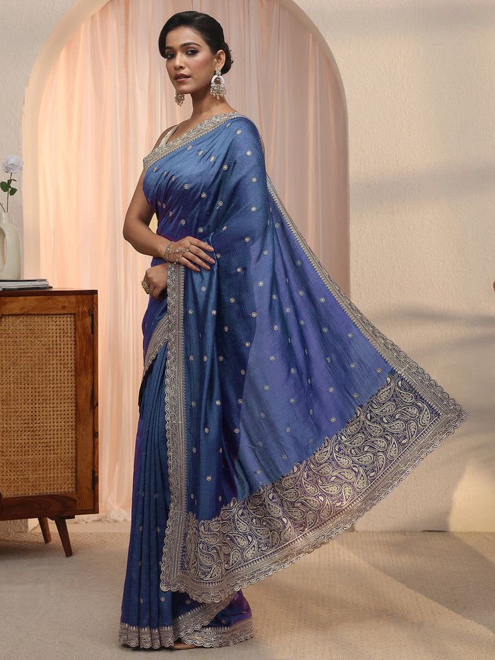 Libas Blue Embroidered Silk Blend Saree with Paisley Pallu