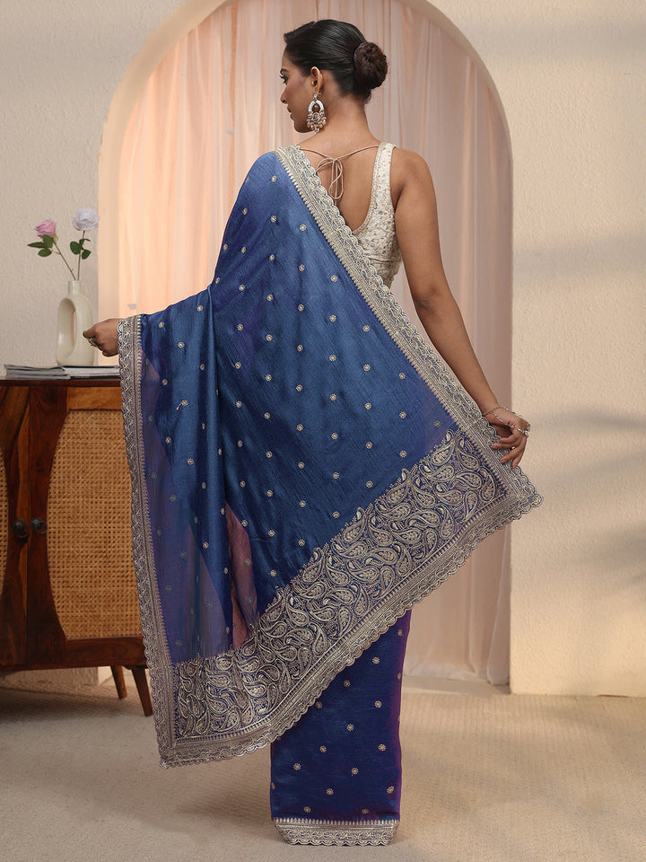 Libas Blue Embroidered Silk Blend Saree with Paisley Pallu