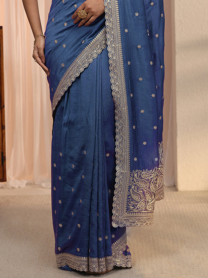 Libas Blue Embroidered Silk Blend Saree with Paisley Pallu