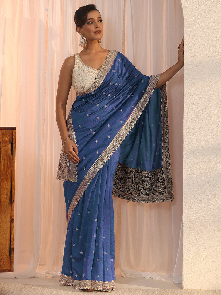 Libas Blue Embroidered Silk Blend Saree with Paisley Pallu